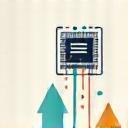 Modern icon representing machine learning implementation, with data flowing into a computer chip, in Urbigandora brand colors.