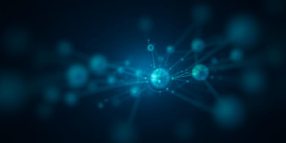 Abstract AI concept with interconnected nodes and glowing data streams, representing innovation and smart solutions.